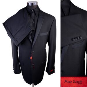 Alain Dupetit Paris 2-Pcs Tuxedo Solid Black Suit Blazer Jacket 46L Pants 40X33